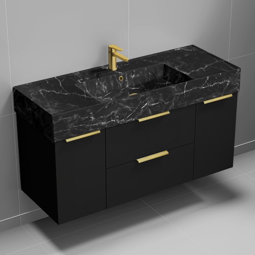 Nameeks DERIN980 Modern Bathroom Vanity With Black Marble Design Sink, Wall Mount, 48 Inch, Matte Black